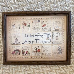 Vintage Framed Welcome Any Ol Time Folk Art Primitive Country Wall Decor